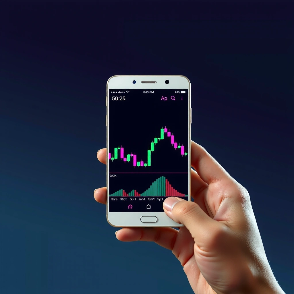 Mobile device displaying neon glowing trading charts and financial data