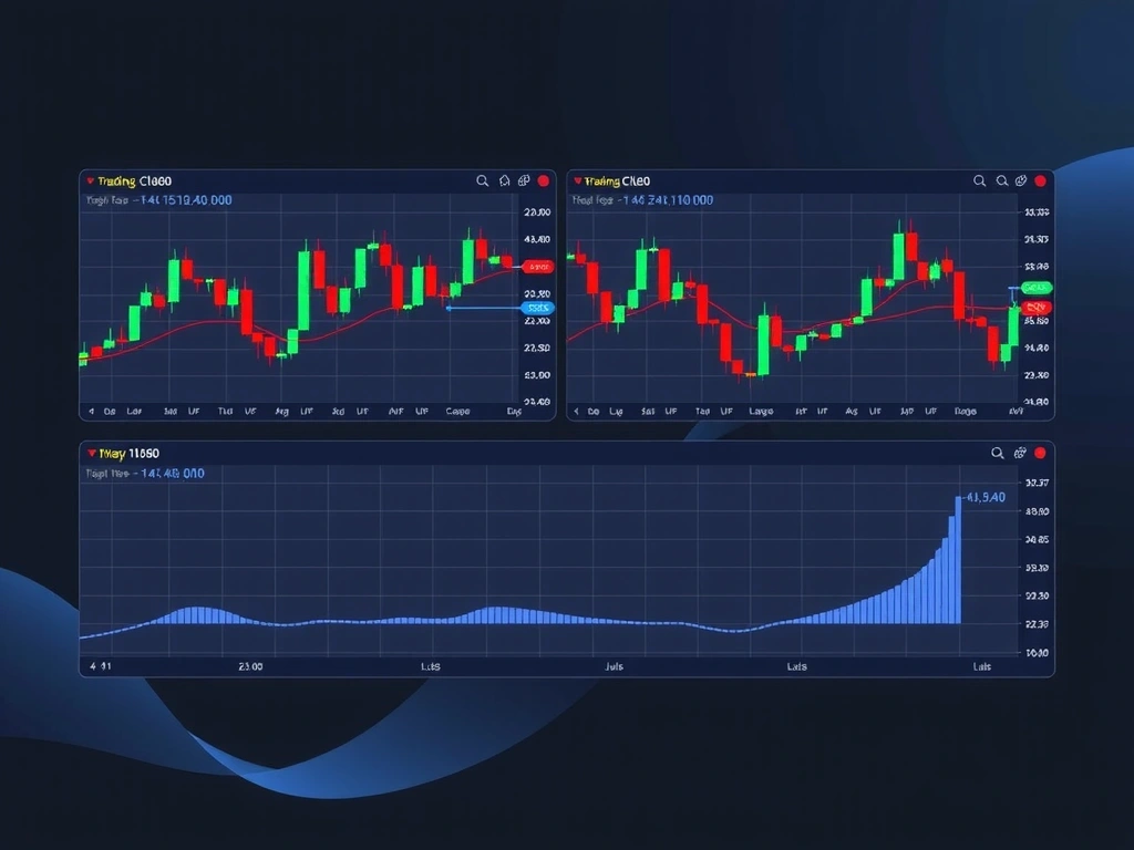 Trading dashboard with multiple chart windows showing red and green candlesticks